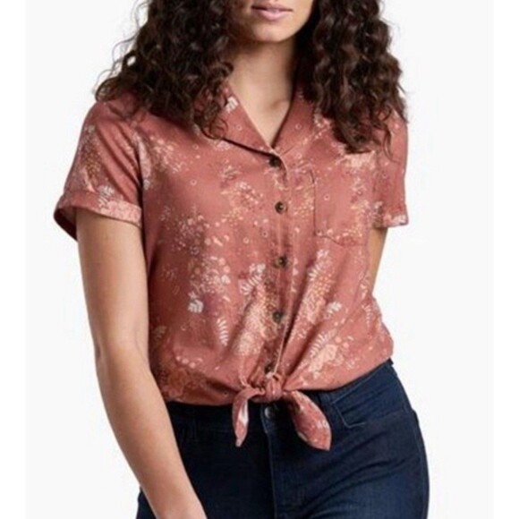 Kuhl Tops - KUHL Elsie Tie Front Top Womens XL Brushed Red Floral Button Short Sleeve Cotton